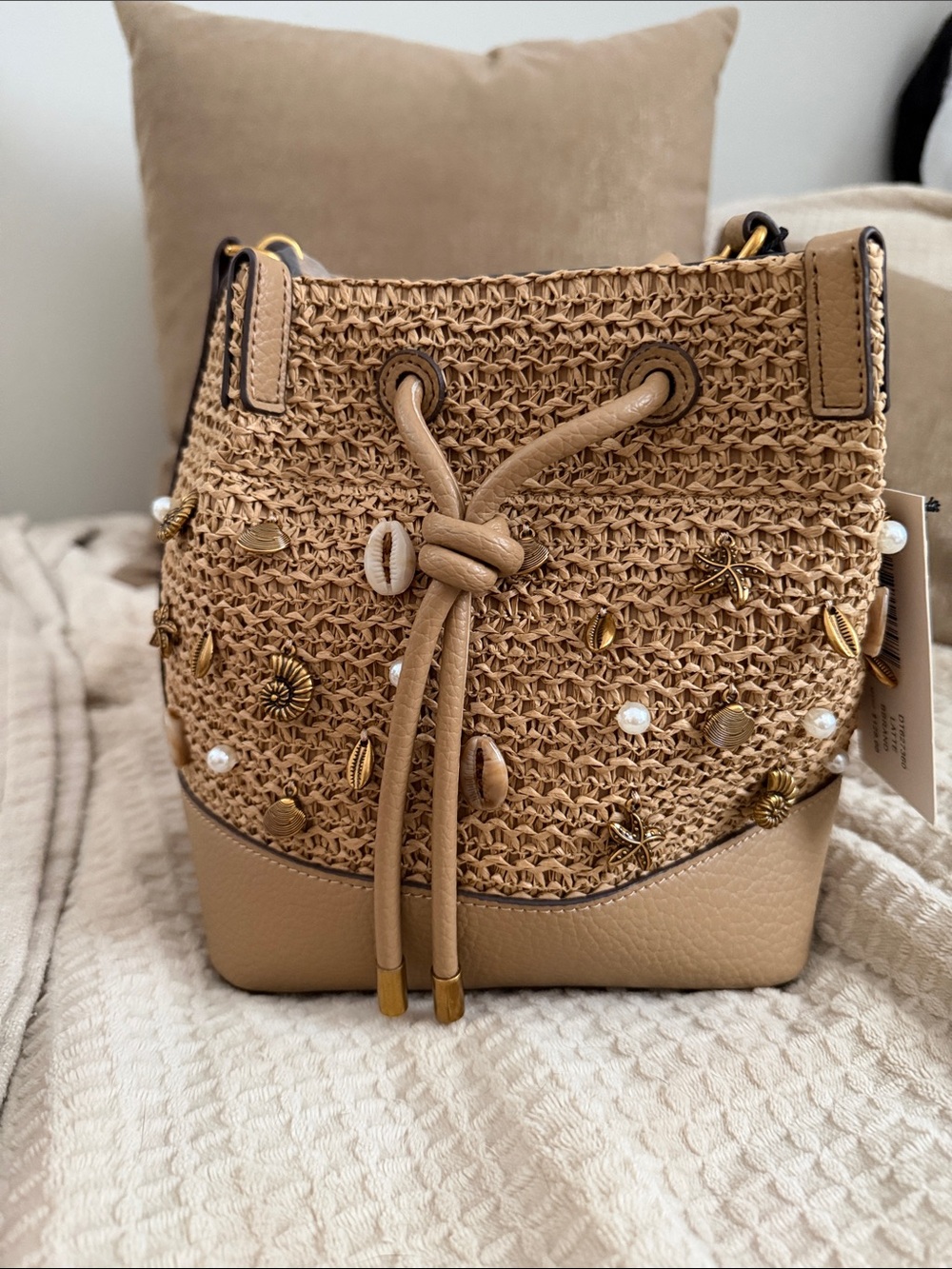 Steve Madden Rattan Beaded Shell Bucket Bag